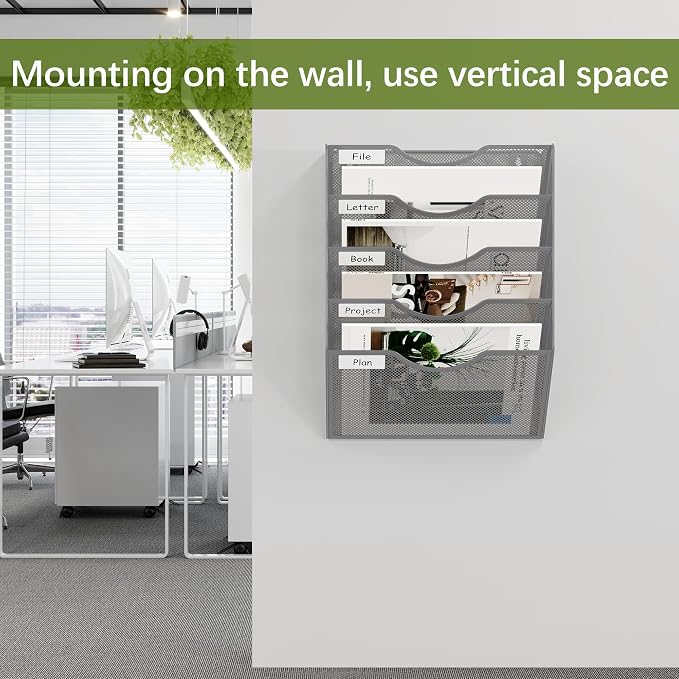 EasyPAG Wall File Organizer 5 Tier Hanging Paper Folder Holder, Zero Assembly Metal Mesh Wall Mounted Mail Organizer for Office Home Classroom Narrow Spaces, Silver