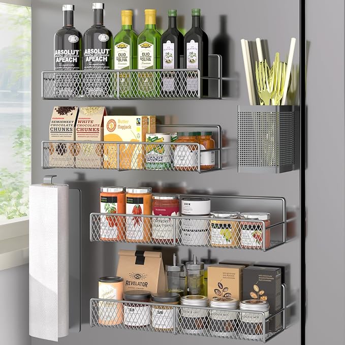 Magnetic Spice Rack for Refrigerator, 6 Pack Metal Magnetic Shelf Grey, Moveable Spice Organizer, Strong Magnetic Storage Fridge Organizer with Paper Towel Holder, Utensils Holder