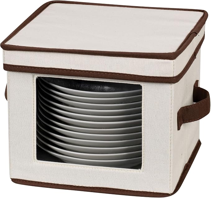 Household Essentials China Plate Storage Box, Holds 12 Dessert Plates or Bowls, Windowed Panel, Sturdy Frame and Reinforced Handles, Felt Cushions, Fully Removable Lid