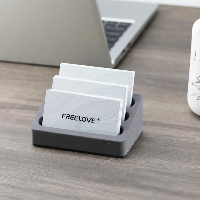 FREELOVE Desktop Card Holder, Concrete, Handmade, 3 Stair 3 Slots, Fits 30-50 Business Cards, Stone Weighted, Smooth Finish, Eva Base, Office Desk Organizer (Dark Grey, Small)