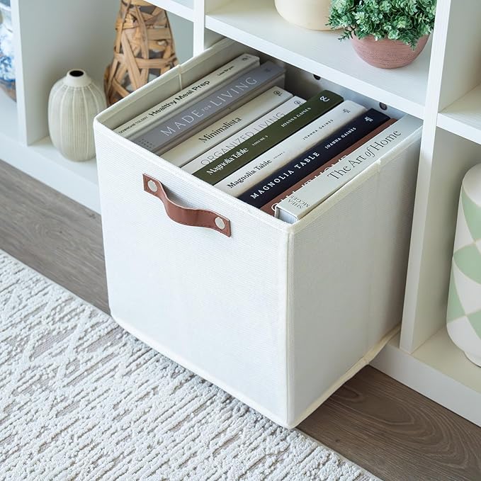 OrganiHaus 12x12 Cube Storage Bins, Set of 4 - Fabric Storage Cubes | Sturdy, holds its shape; odor-free; fits 12-inch cube shelves; vegan leather handles