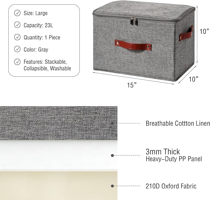Storage Bin Box with Zippered Lid Cotton Linen Fabric Decorative Basket with PU Leather Handles PP Plastic Board Foldable Lidded Clothing Shelf Closet Organizer Container (Gray, Large)
