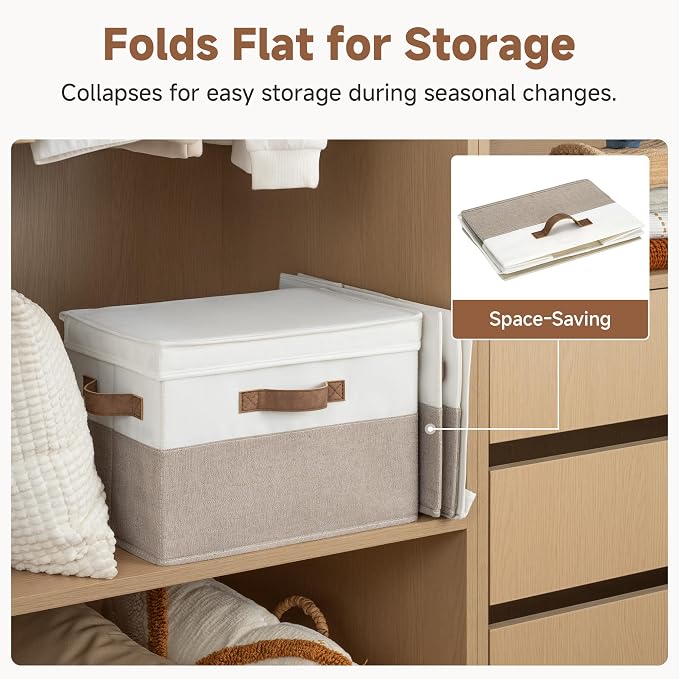 StorageWorks Fabric Storage Bins with Lid, Decorative Storage Boxes for Shelves, Stackable Closet Organizer Basket with Handles, Large, Brown and White, 2-Pack