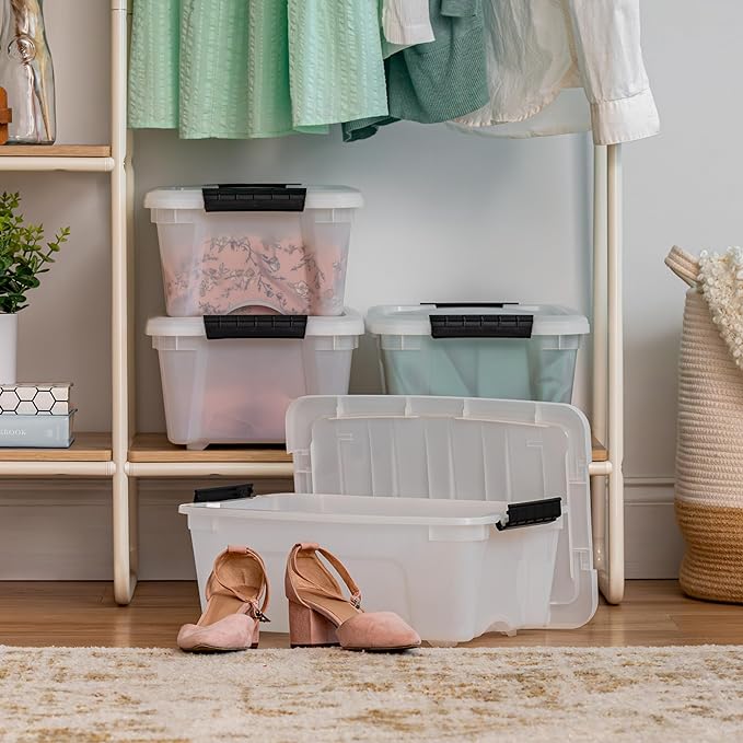 IRIS USA 13 QT Plastic Storage Box with Lid and Latches - 4 Pack - BPA-Free, Discreet Organizing Solution, Durable Nestable Stackable Containers, Secure Pull Handle - Pearl