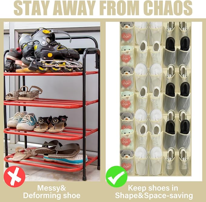 Windyun 40 Over the Door Shoe Organizer Large Breathable Mesh Pockets Hanging Shoe Rack for Closet Beige Behind Door Hanger Storage Holder Nonslip Hooks for Women Men Entryway Bedroom Utility Room