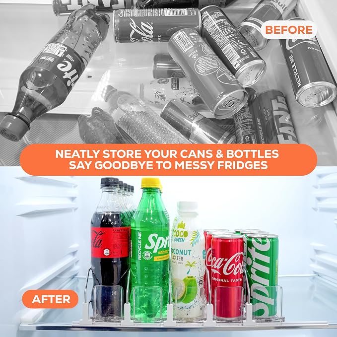 Self Pushing Drink Organizer for Fridge - 5 Rows, Upgraded Design Soda Can Organizer for Refrigerator with Larger Stopper Height & Locking Feature, Can Dispenser for Fridge, Holds 25-30 Cans | Maximizes Refrigerator Space
