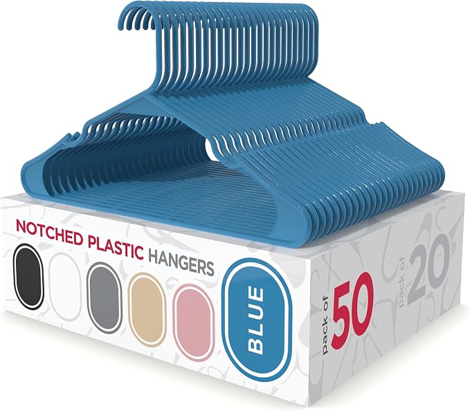 Sharpty Plastic Hangers Clothes Hangers for Clothing, Closet, Coats & Shirts - Notched, Durable & Space Saving - for Everyday Standard Use, Room Essentials & Basics - 50 Pack - Blue