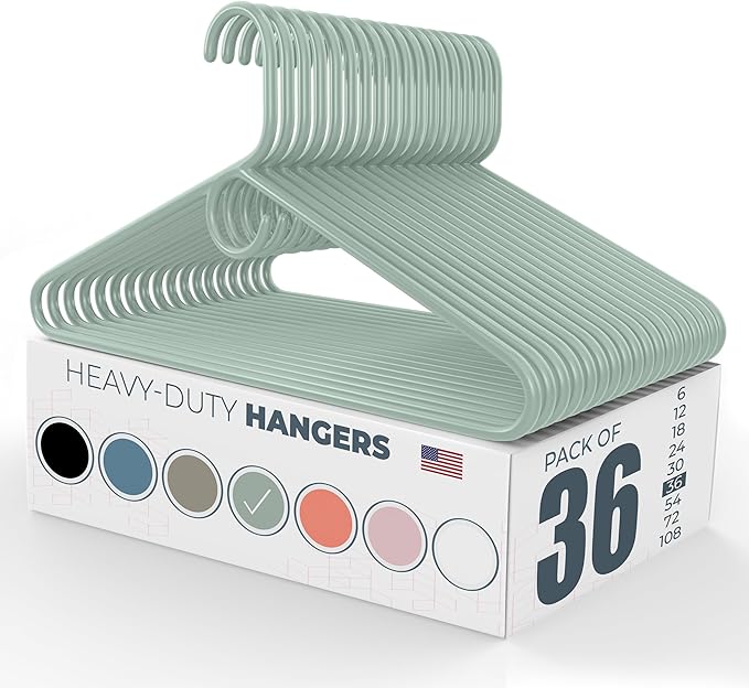 Heavy Duty Clothes Hangers 36 Pack – Made in the USA – 8lb Capacity Plastic Hangers for Adult Clothing – Durable for Pants, Coats, Jackets, or Jeans – Mint