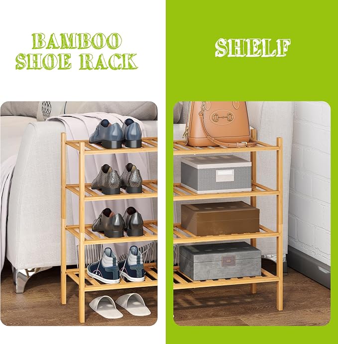 BMOSU 4-Tier Bamboo Shoe Rack Premium Stackable Shoe Shelf Storage Organizer for Hallway Closet Living Room Entryway Organizer (Natural Bamboo)