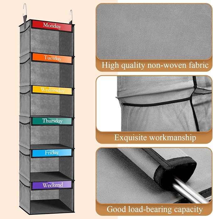 Amylove 2 Pack 6 Shelf Weekly Clothes Organizer for Kids with Side Pocket, 47 Inch Days of the Week Clothes Organizer, Monday to Friday Daily School Outfits Clothing Divider for Kids(Gray)