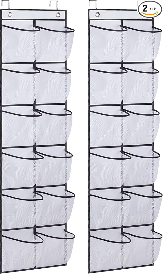 MISSLO Over The Door Shoe Organizer 12 Large Mesh Pockets Hanging Narrow Closet Door, White, 2 Pack