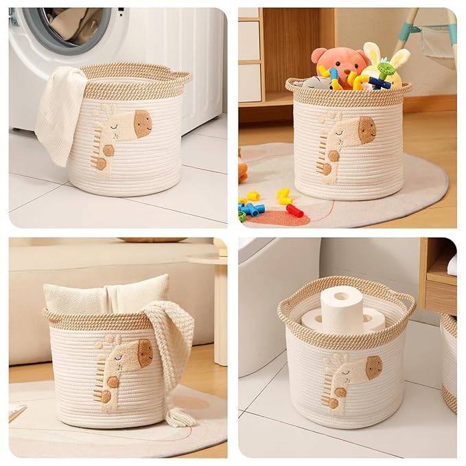 Toy Storage Baskets Woven Cotton Rope Storage Basket for Kids, Blanket Baskets for Living Room Toys Organizer with Embroidery Decor, Cute Baskets with Handle for Nursery, Playroom (Giraffe)