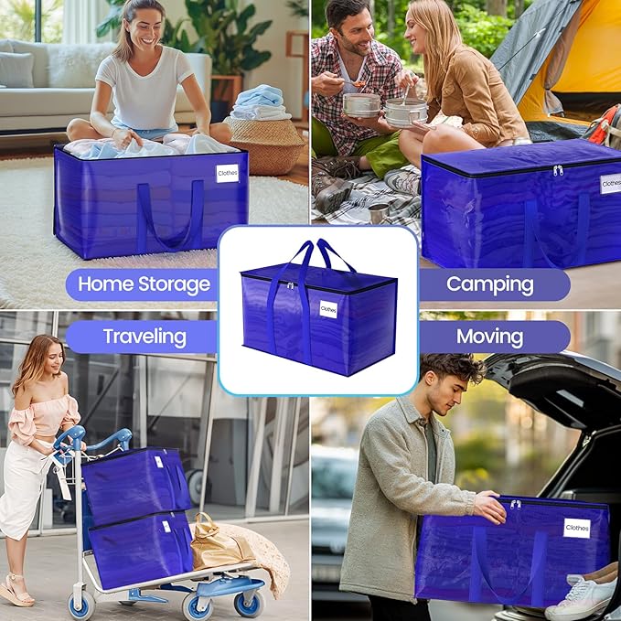 FabSpace Moving Storage Bags, Moving Supplies Packing Boxes for Moving, Camping, College Dorm Room Essentials for Girls, Blue Tote Bags, Heavy-Duty Storage Bins With Lids And Zippers, 93L 2 Pack