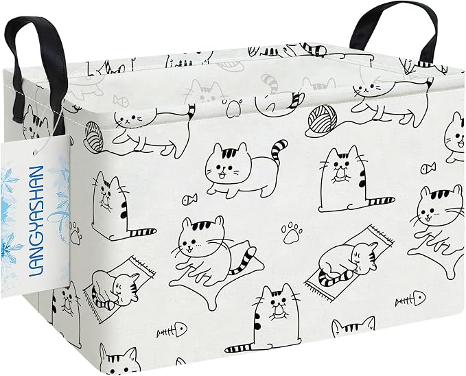 Rectangular Collapsible Cat Storage Basket Nursery Toy Organizer | Storage Bin Foldable Canvas with Handles for Organizing Home Kitchen Children Toys Office Closet Shelf Baskets