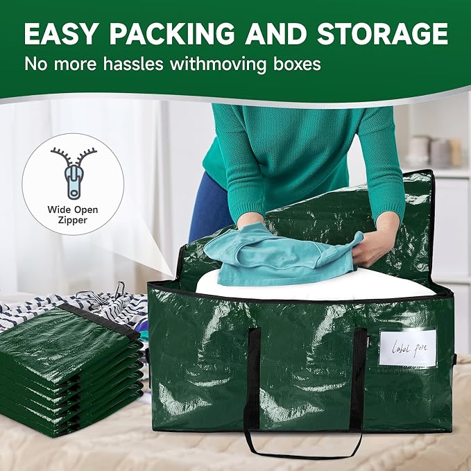 CONGREGATE 8-Pack Heavy Duty Dark Green Moving Bags with Zippers and Handles, Heavy Duty Storage Handbags for Space Saving, Made of PE, 97 Liters/25.6 Gallons (28.7 inches x 13.7 inches x 15 inches)