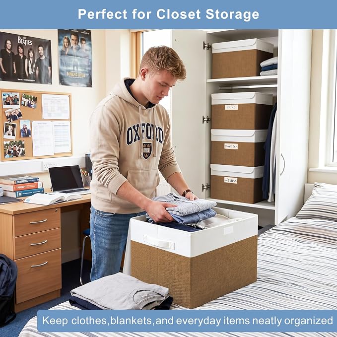 Large 17" 42 Quarts Collapsible Stackable Storage Bins with Lids [3-Pack] Foldable Fabric Linen Storage Boxes Cube, Closet Organizer Baskets with Label for Home (16.7 x 12 x 12", Brown & White)