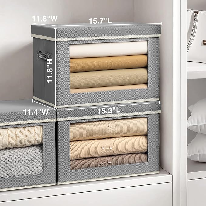 Homsorout Storage Bins with Lids, 4 Pack Large Storage Cubes with Window, Closet Bins with Lids & Handles, Fabric Box for Organizing Clothes, Towels, Books, Grey