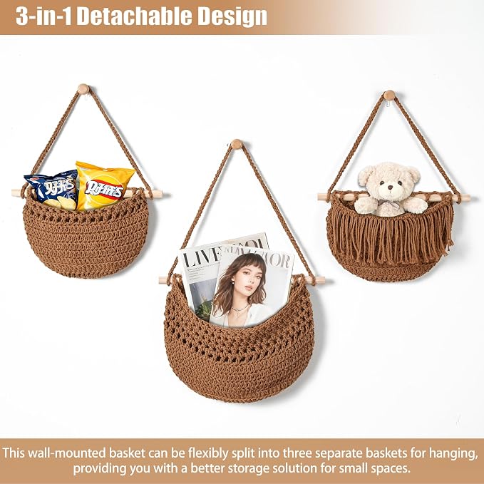 Halidali 3 Tier Hanging Fruit Baskets for Kitchen, Boho Cotton Rope Handwoven Vegetable Hammock Produce Storage Wall Mounted Large Organizing Basket for Farmhouse Decor, Onion, Potato (Caramel)