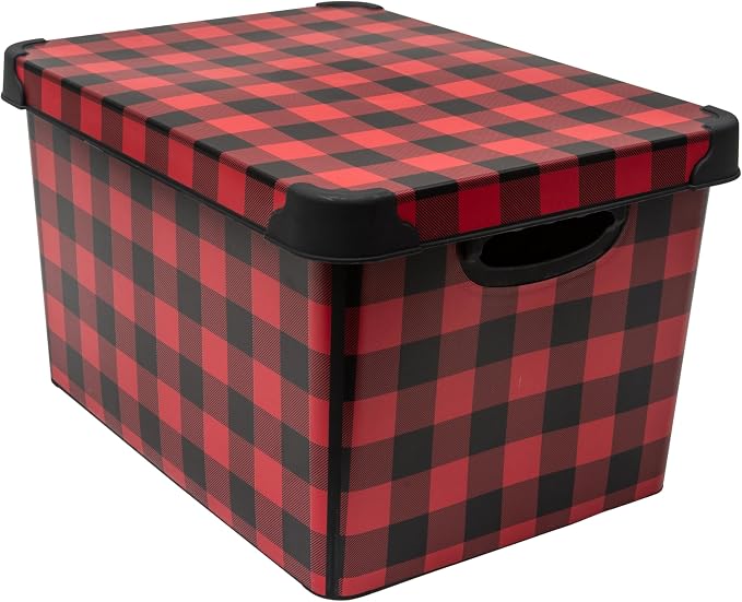 Simplify Checkered Design Storage Bin | Christmas Tote | Holiday Décor Decorations Organizer | Buffalo Plaid Design | Lidded | Stackable | Black and Red