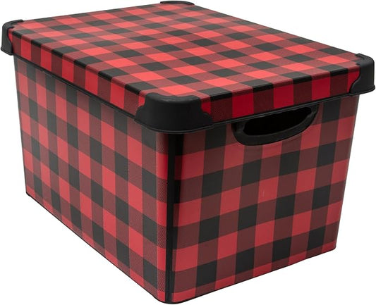 Simplify Checkered Design Storage Bin | Christmas Tote | Holiday Décor Decorations Organizer | Buffalo Plaid Design | Lidded | Stackable | Black and Red