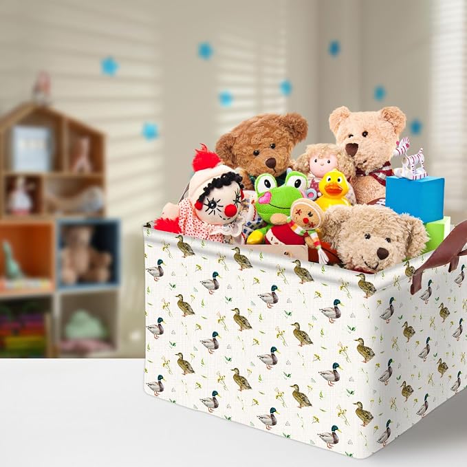 Cute Mallard Duck Storage Basket Waterproof Canvas Toy Storage Bin Mallard Duck Room Decor Collapsible Outdoor Basket with Leather Handles Duck Decor Blanket Baskets For Closets,Bedrooms,Gifts Baskets