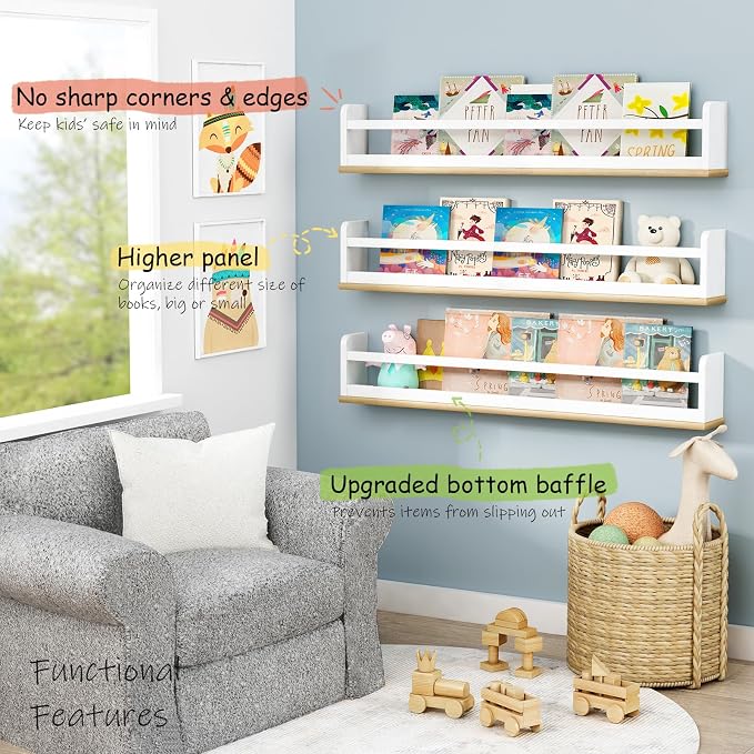 Harwaya Kids Bookshelf Wall Mounted 36 Inch Long, White and Natural Wood Nursery Floating Bookshelves for Wall, Large Hanging Book Shelves for Baby Toddler Kid Childs Bedoom Playroom -Set of 3