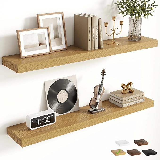 FLYJOE 36 Inch Floating Shelves for Wall Set of 2, 6.5" D Wood Grain Bathroom Shelves with Invisible Brackets, Easy Install Engineered Wood Storage Shelves for Kitchen, Living Room, Bedroom