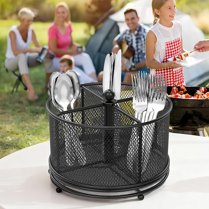 360° Rotating Metal Utensil Caddy, 4 Compartment Silverware Cutlery Holder, Effortless Access Fork Spoon, Silverware Holder for Party Countertop Buffet Picnic Camping Outdoor (Black)