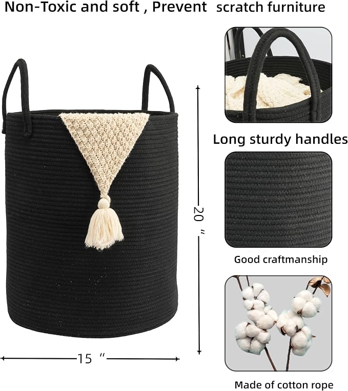Woven Cotton Rope Laundry basket-15”X20” Laundry Hamper-Rope Storage Basket for Dirty Clothes, Toys and Blankets Perfect for Bathroom, Baby nursery and Living Room Storage (black)