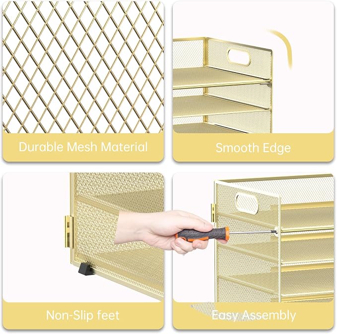 7 Tier Paper Organizer - Mesh Desktop File Holder with Handles for Office School Desk (Gold)