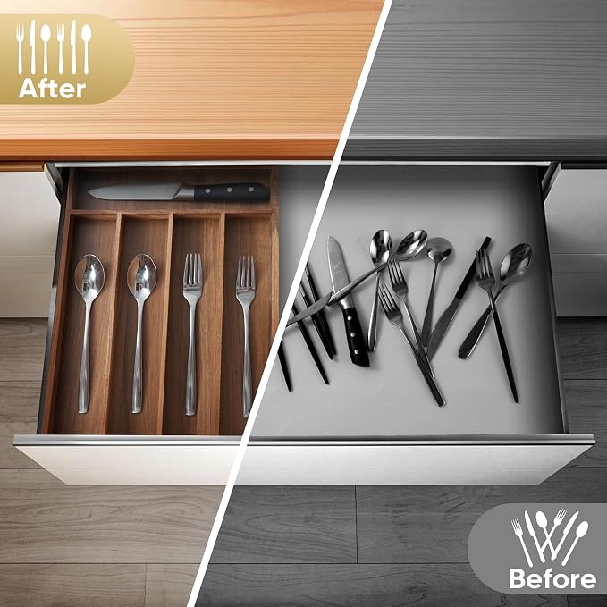 Silverware Organizer, 10 Inch Utensil Organizer Kitchen Drawer Organizer Acacia Silverware Holder Cutlery Tray Organizer in Drawer Flatware Organizer Tray(5 slots, Acacia
