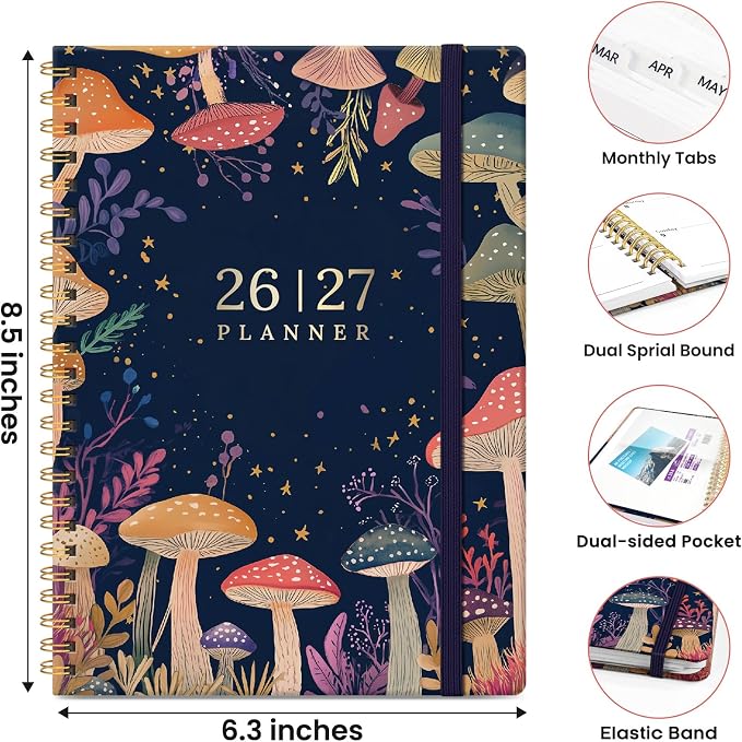 Planner 2026-2027, Hardcover Monthly and Weekly Academic Planner July 2026 - June 2027, Teacher and Student Calendar Agenda Book with Tabs, A5 (6.3" x 8.5"), Ideal for School and Office, Mushroom Party