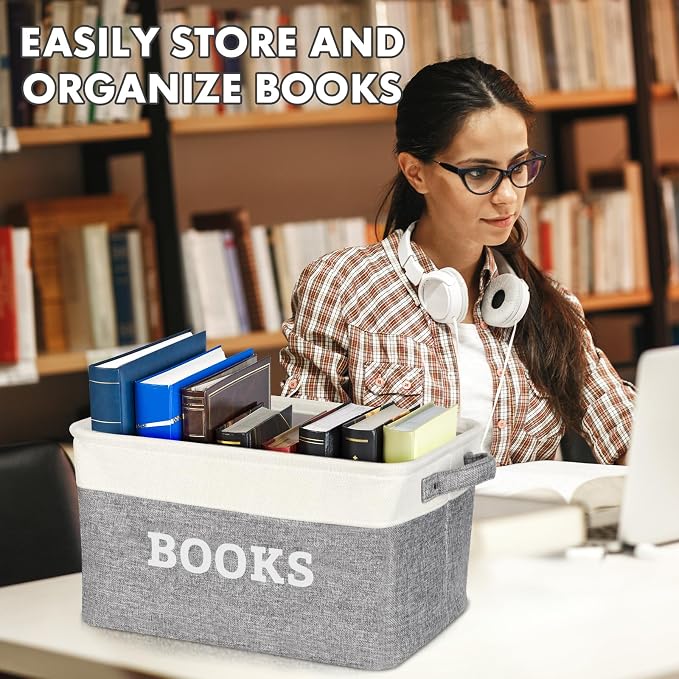 Lukeline Book Storage Baskets for Organizing, 15.5 x 11.6 x 9.4 Storage Basket for Books Cookbook and Recipe, Collapsible Storage Bin, Decorative Baskets for Home, Shelves, Classroom (BOOKS)
