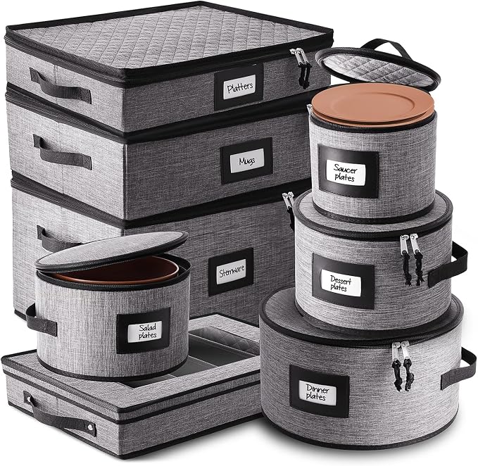 China Storage Containers Hard Shell, 8 Piece Flatware & Utensil with Mug Storage, Wine Glass 4 Dish Platter Case, Padded Dinnerware Containers, (sb-hds-09)