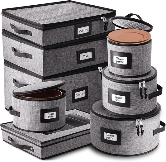 China Storage Containers Hard Shell, 8 Piece Flatware & Utensil with Mug Storage, Wine Glass 4 Dish Platter Case, Padded Dinnerware Containers, (sb-hds-09)