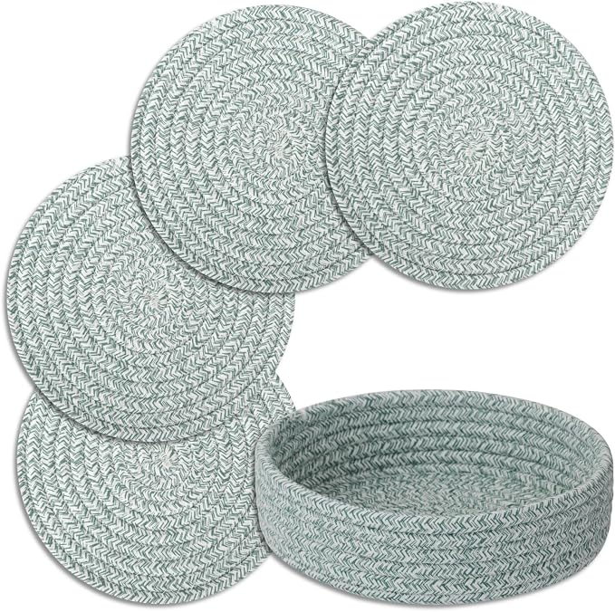 Trivets for Hot Dishes, Pots and Pans, Heat Resistant Hot Pads with Storage Basket, Pot Holders for Kitchen Countertop, Trivet Mats Home Essentials Farmhouse Decor (Green 4 Pcs)