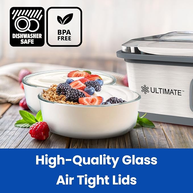Ultimate Yogurt Containers 2 Pack, Make More Yogurt with 1-Quart Glass Containers (4 Cup), 100% BPA Free, Durable & Oven Safe Round Bowl Set with Lids, Perfect for Food Storage & Meal Prep