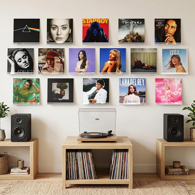 Gotega 16 Pack Vinyl Record Shelf Wall Mount, 12 inch Album Record Holder Display, Clear Acrylic Floating Shelves for Wall, Suitable for Bedroom, Living Room, Magazine Shelf, Kids Bookshelf, etc