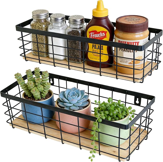ShabbyDecor Metal Wire Basket for Kitchen Cabinet Pantry Bathroom Set of 2 | Detachable Wood Base, Farmhouse Hanging Basket, Storage Organizer for Kitchen, Cabinet, Bathroom, Pantry, Laundry Room