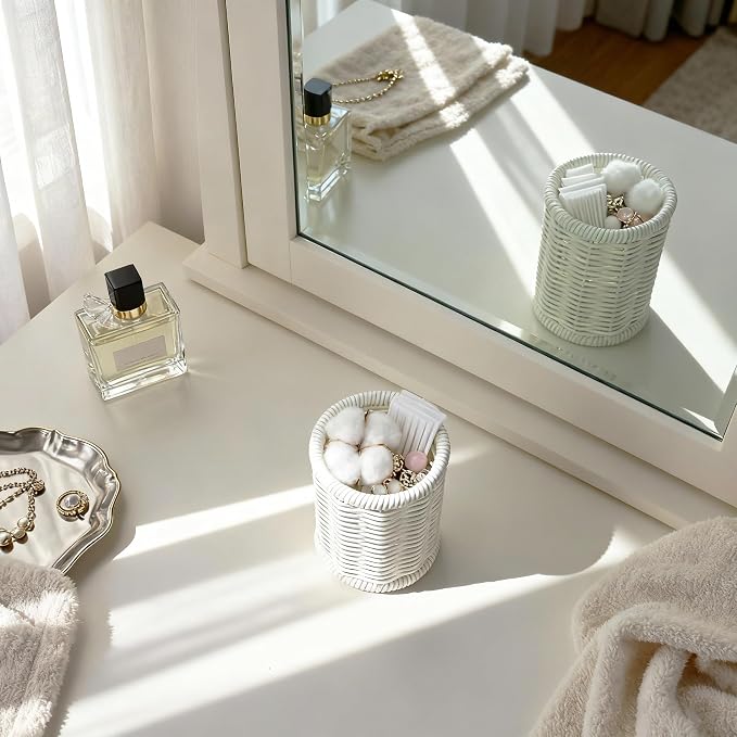 Rattan Jars, Cotton Pad Floss Jar Bathroom Vanity Desk Storage | Hand tight woven solid structure, lightweight & sturdy,Waterproof, easy wipe & rinse clean,fit vanity countertop & washstand