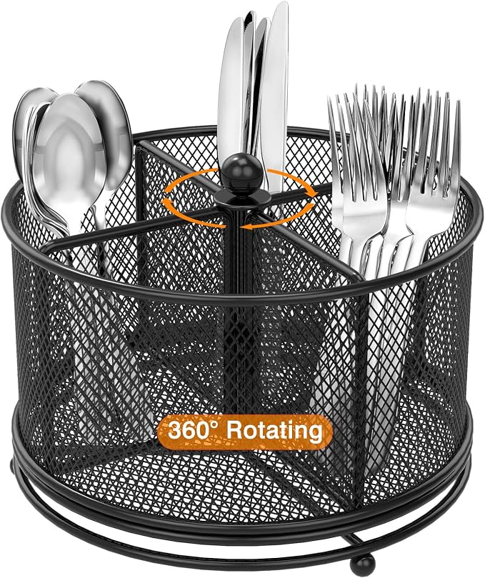 360° Rotating Metal Utensil Caddy, 4 Compartment Silverware Cutlery Holder, Effortless Access Fork Spoon, Silverware Holder for Party Countertop Buffet Picnic Camping Outdoor (Black)
