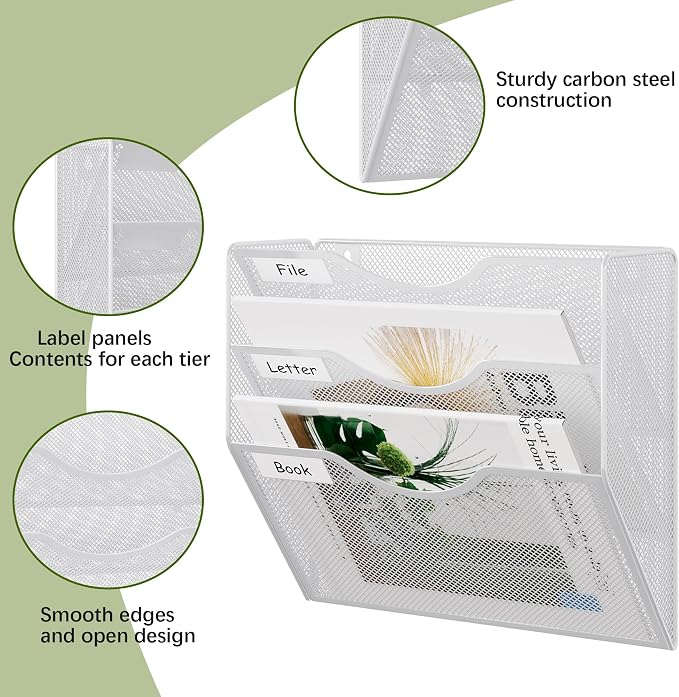 EasyPAG 3 Pocket Mesh Wall File Organizer, Hanging Paper Folder Holder with Classify Label, Vertical Wall Mount Mail Organizer for Office Home Classroom, White