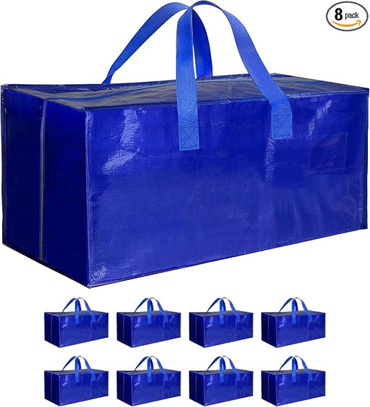 8 Pack Oversized Heavy Duty Moving Bags with Backpack Straps, Strong Handles & Zippers, Extra Large Storage Tote Moving Boxes for Space Saving, Blue