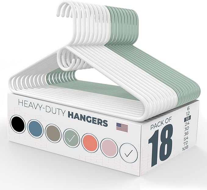 Heavy Duty Clothes Hangers 18 Pack – Made in the USA – 8lb Capacity Plastic Hangers for Adult Clothing – Durable for Pants, Coats, Jackets, or Jeans – White & Mint