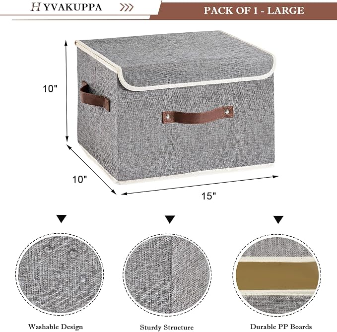 Collapsible Storage Boxes Baskets with Lid Cotton Linen Fabric Storage Bins with Faux Leather Handles Decorative Washable Cube Organizer Container for Home Closet Bedroom (Gray, Large Size)