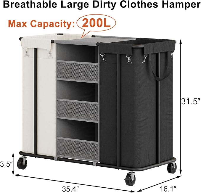 WOWLIVE Laundry Sorter 2 Section, 200L Rolling Laundry Hamper with Wheels | Laundry Cart with Steel Frame, Laundry Basket with Hanging and Removable Bag, Storage Unit Basket Organizer for Dorm