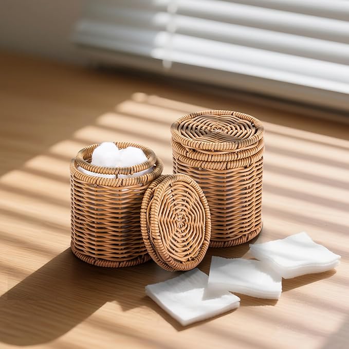 Rattan Q-tip Holder with Lid, Cotton Swab Canister for Bathroom | Large storage capacity for floss picks & makeup pads,Handcrafted rattan texture elevates bathroom decor
