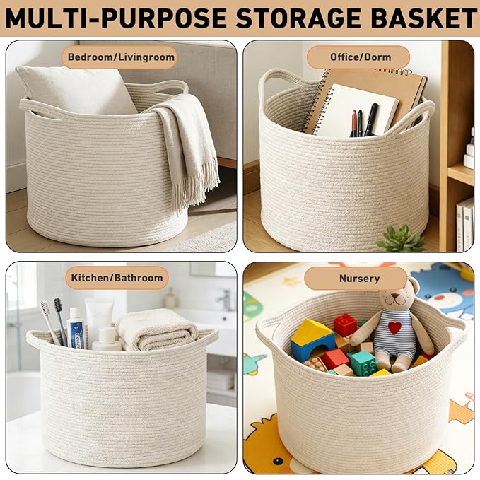 90L Large Blanket Basket,21.7"L x 21.7"W x 13.8"H Rope Woven Baskets with Handles, Toys Storage Bins,Laundry Basket Perfect for Living Room, Nursery,Bedroom,Home Organization,White