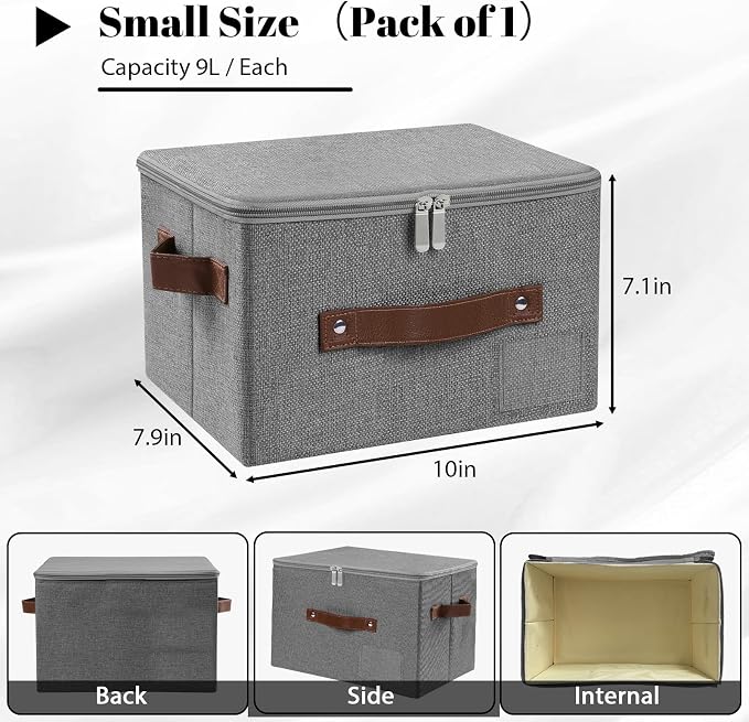 ANMINY Storage Bins with Zipper Lid Storage Boxes with Label Holder PU Leather Handles Washable Foldable Decorative Lidded Cotton Linen Fabric Cubes Baskets Closet Organizer - Gray, Small