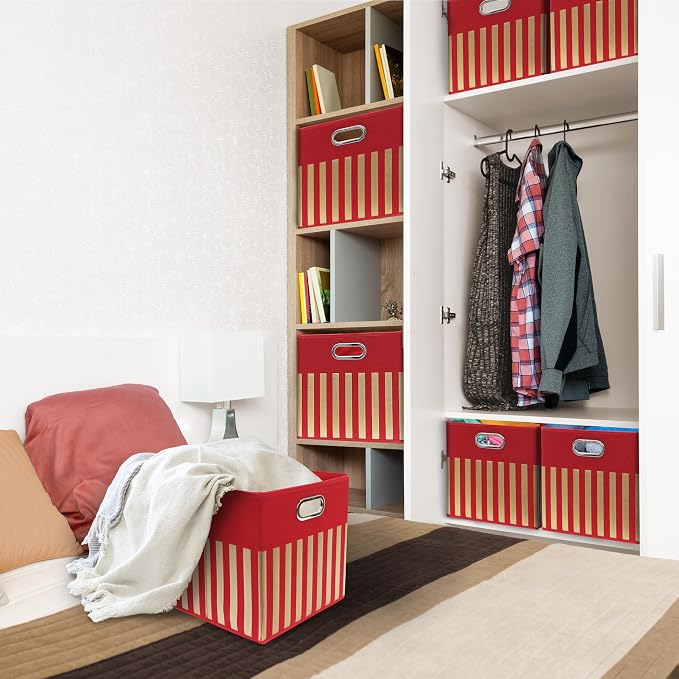 Simple Houseware 13-Inch Collapsible Fabric Cube Storage Bin with Handles, Printed Design, 3 Pack, Red